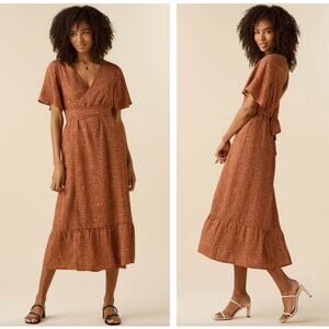 VETTA The Flutter Sleeve Wrap Midi Dress Blossom Floral Print Sz M $168 {II18}